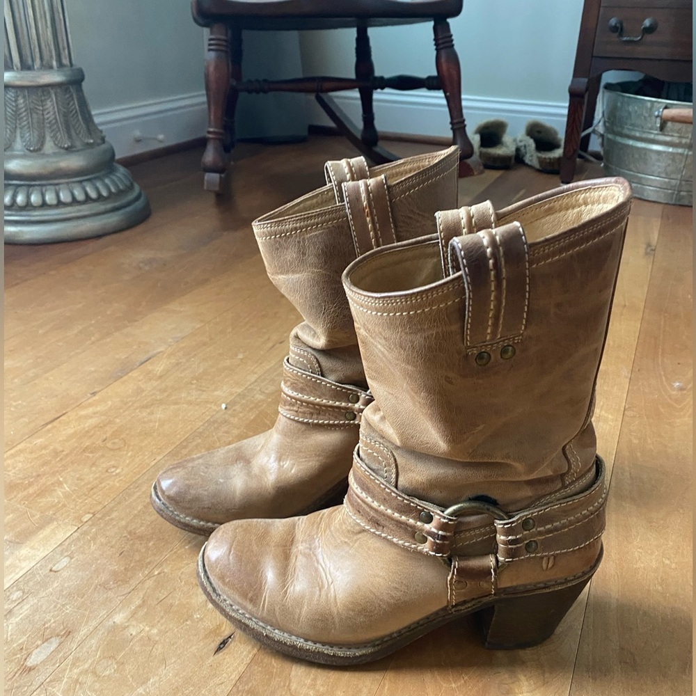 Frye harness boots- light brown color 2” heel- 8” shaft Attractive  comfortable